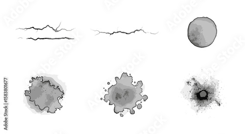 Collection of black and white textures including cracks blots and splatter effects on a white background
