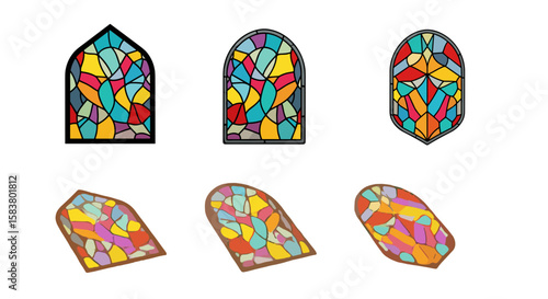 Illustration of six stained glass windows with colorful designs and varying shapes on a white background