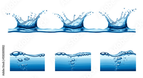 Illustration showing three water splashes and three water surfaces with bubbles on a white background