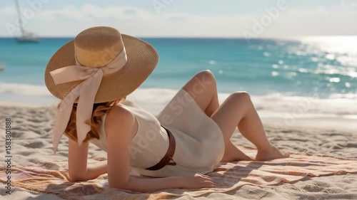 Woman relaxing on a beach towel at the seaside on a sunny day