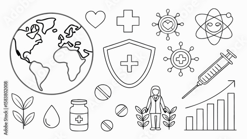 Twenty Seven Minimalist Black Line Art Icons Global Health Medicine Science Growth Vaccine Pill Plant Doctor Heart Cross Virus Atom World Map