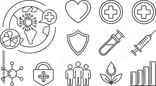 Twenty Seven Minimalist Black Line Art Icons Global Health Medicine Virus Protection Vaccination People Group Graph