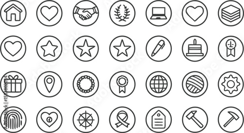 Twenty Seven Minimalist Black Line Art Icons in Circles on White Background Set Three Home Heart Handshake Laurel Wreath Laptop Heart Layers