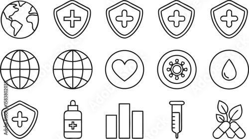 Twenty Seven Minimalist Black Line Art Icons Global Health Medicine Wellness Set vector