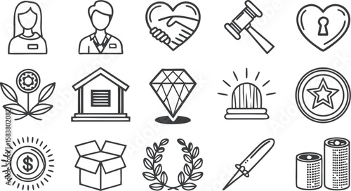 Twenty Seven Minimalist Black Line Art Icons Set Featuring Female and Male Figures Heart Handshake Gavel Locked Heart Flower Bank Building