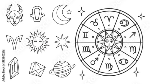 Twenty Seven Minimalist Line Art Zodiac Symbols Celestial Wheel Sun Moon Stars Crystals Goat Head Ram Aries Gemini Cancer Leo Virgo Libra