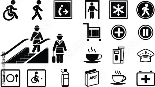 Twenty Seven Solid Black Glyph Icons Depicting Accessibility Symbols Escalator Personnel Coffee Cups Medical Crosses and More