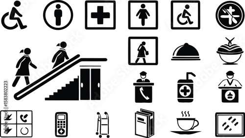 Twenty Seven Solid Black Glyph Icons Depicting Accessibility Symbols Elevators Stairs Escalators Food Service Medical Personnel and More