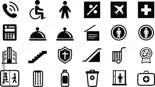 Twenty Seven Solid Black Glyph Icons Depicting Diverse Symbols Including Telephone Wheelchair Person Percentage Airplane Cross Calculator