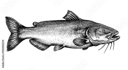 Giant catfish – vintage sketch, hand-drawn black and white illustration, vector engraving, SVG.

