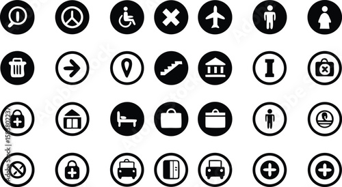 Twenty Seven Solid Black Glyph Icons in Circular Frames Representing Various Symbols Including Search Magnifying Glass Peace Symbol