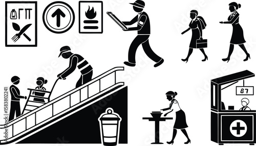 Twenty Seven Solid Black Glyph Icons Depicting People Walking Up Escalators Using a Child Carrier Airport Signage and a First Aid Kiosk