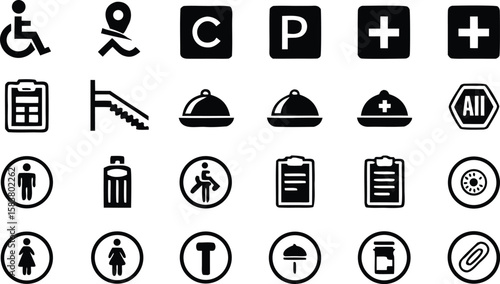Twenty Seven Solid Black Glyph Icons Set Representing Various Symbols Including Accessibility Wheelchair Parking Medical Food Service and More