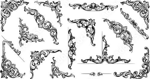 collection of victorian black and white design elements, delimiters, ornamental, corner, in a white background