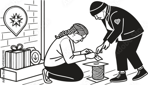 Two People Kneeling by Brick Wall Placing Tag on Gift Wrapped Parcel Next to Star Shaped Location Marker Minimalist Black and White Line Art