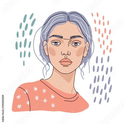 Young woman with neutral expression wearing a casual shirt on abstract background,