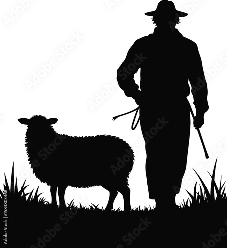 Australian Shepherd herding sheep silhouette in farm theme vector isolated black and white