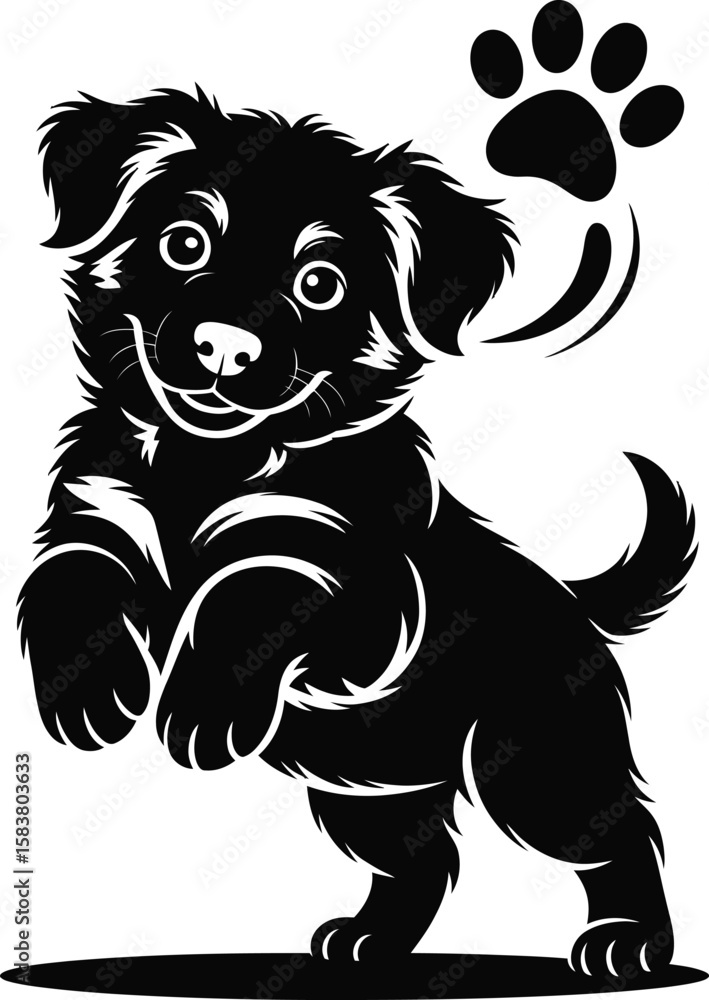 Obraz premium Australian Shepherd puppy silhouette in playful stance with oversized ears isolated black and white vector