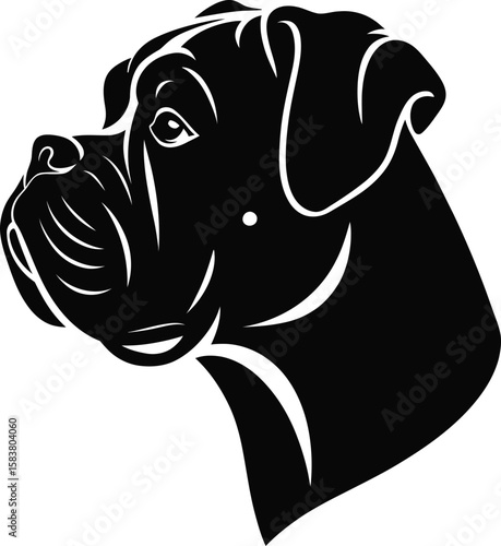 Boxer dog head silhouette side view with cropped ears and strong muzzle in black and white vector