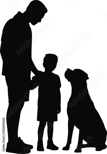 Boxer silhouette standing next to child or owner in family scene vector isolated black and white