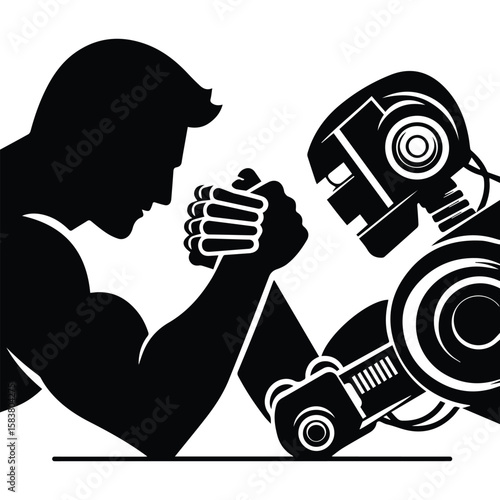 Human vs robot arm wrestling - simple flat black silhouettes on transparent background. Futuristic competition vector icon showing strength battle between man and machine. Clean minimalist design.