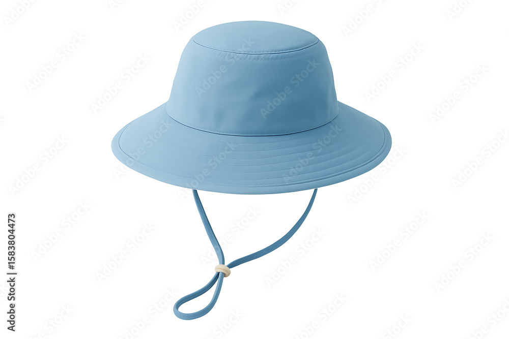 A light blue bucket-style sun hat with a wide brim and adjustable chin strap toggle, isolated studio background A light blue bucket-style sun hat with a wide brim and adjustable chin strap toggle, isolated studio background