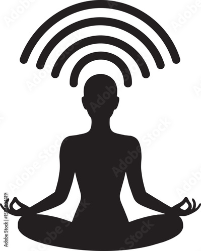 Silhouette of a meditating person with wireless signal lines symbolizing digital mindfulness online connection mental clarity and modern meditation practice
