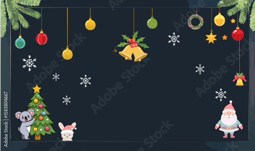Festive Christmas decorations adorning a seasonal backdrop, featuring ornaments, a tree, and a charming Santa Claus
