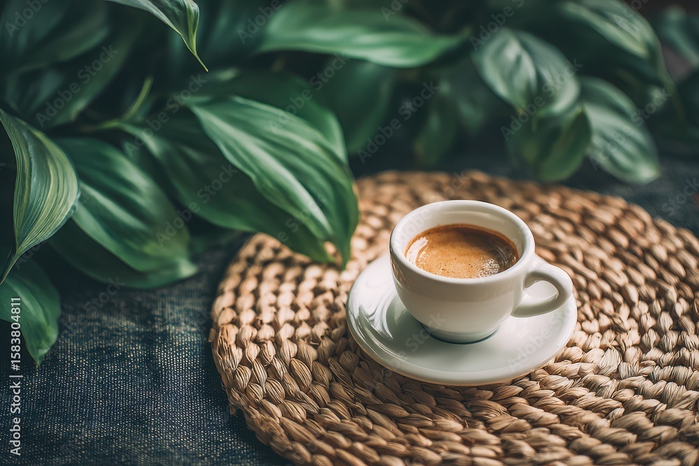 Obraz premium Light brown espresso in a white coffee cup rests on a woven placemat surrounded by green plants in a cozy setting during the morning hours