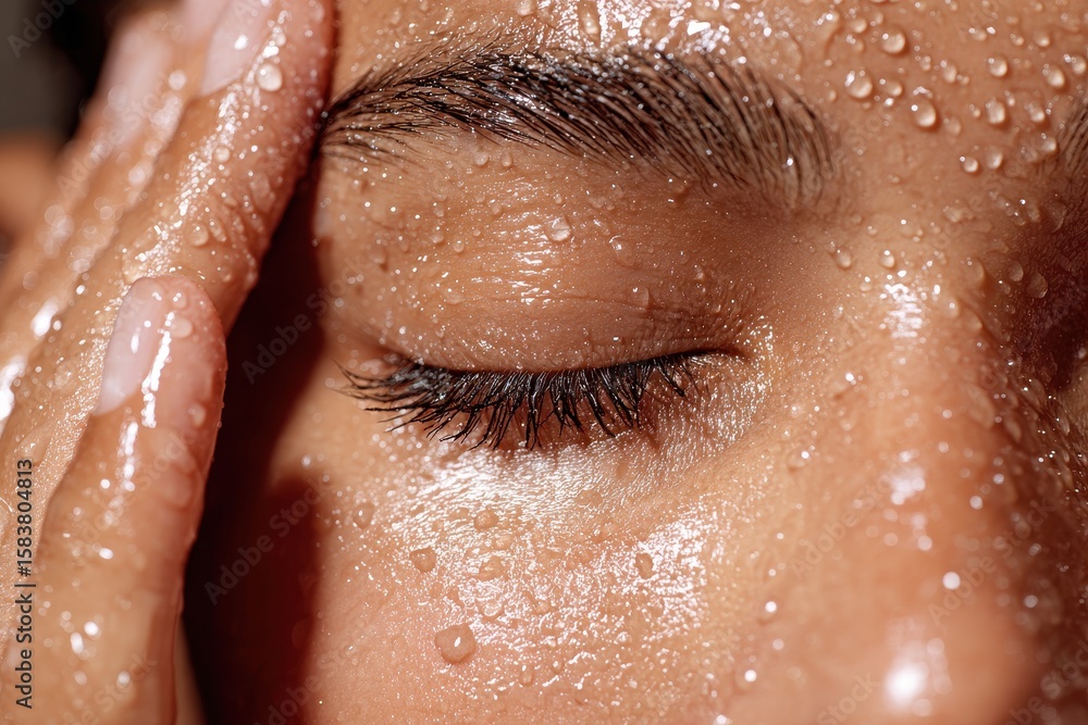 Fototapeta premium Close up capturing a wet face with glistening water droplets during a refreshing moment