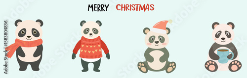 Festive pandas dressed up in Christmas attire, spreading holiday cheer!