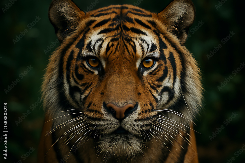 Fototapeta premium Powerful tiger closeup in natural jungle habitat with intense yellow gaze for international tiger day showing primal focus determination wilderness and feline strength
