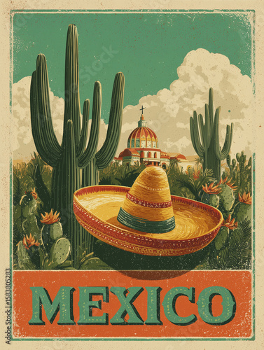 Vintage style mexico travel poster showcasing cactus-filled desert and sombrero under blazing sun