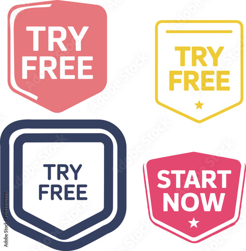 Try free and start now badges in various shapes and styles colorful label vector set for marketing promotions subscription trial offers or web banners