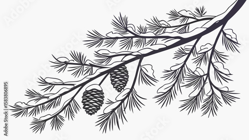 A drawing of a pine branch covered in snow with pinecones hanging from it in a black and white image style