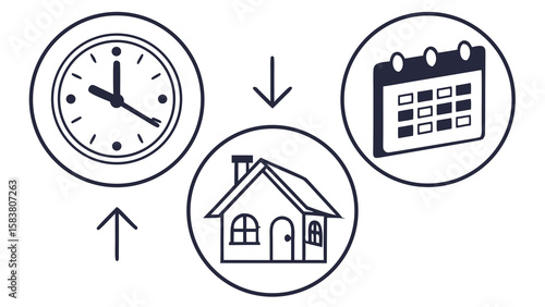 Illustration showing clock and calendar pointing to house in center in circular frames with arrows indicating flow