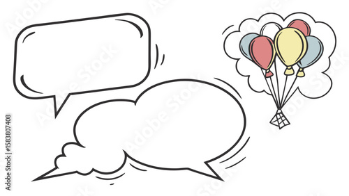 Illustration featuring two speech bubbles and a bunch of colorful balloons tied together in a cloud