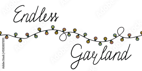 Endless Garland bordure, handwritten removable text. String lights with yellow, red and green bulbs; Christmas decorative loopable illustration, isolated vector elements on separate background.