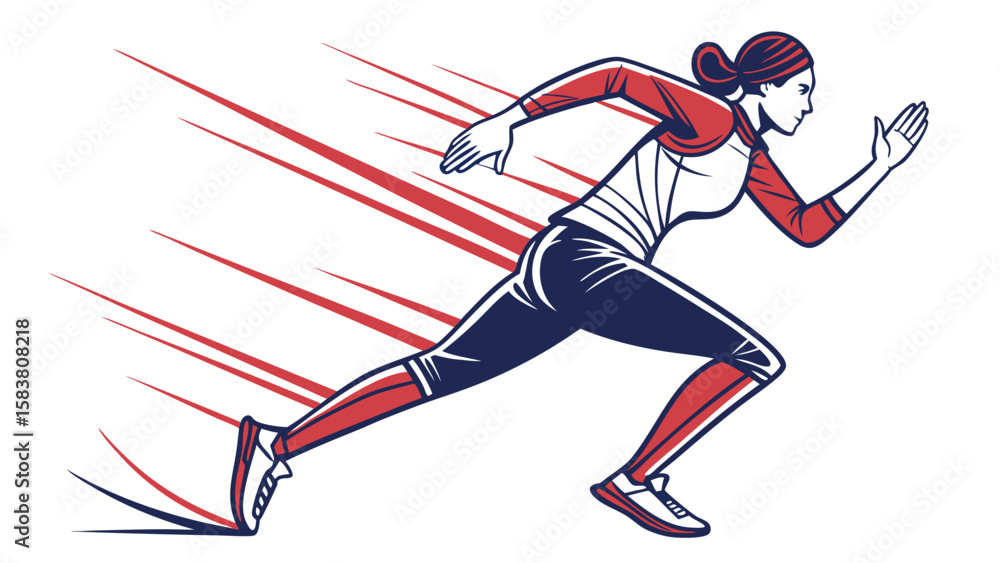 Fototapeta premium A woman in a red and blue outfit is running with speed lines behind her in a dynamic illustration style