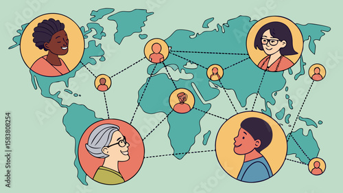 Diverse people connected on a world map illustration showing global communication and networking concept