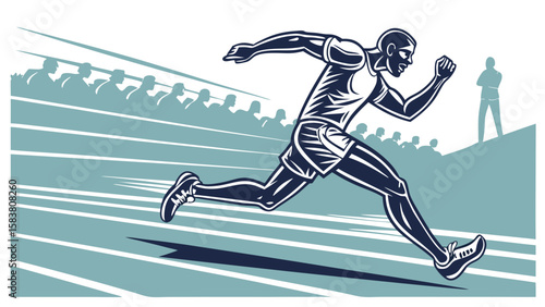 Illustration of a runner sprinting on a track with spectators and a coach in the background scene