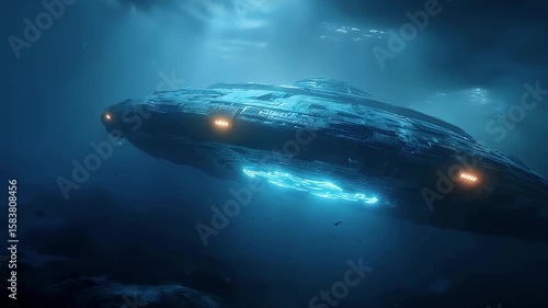 Underwater ufo glides through deep blue abyss, faint lights ripple along hull as underwater ufo hum echoes across silent sea, mystery invites gaze toward underwater ufo secrets. Concept alien discover