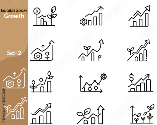 A growth icon set includes vector illustrations symbolizing progress and development, such as rising bar charts, plants sprouting, arrows pointing upward, coins stacking, and people climbing steps.