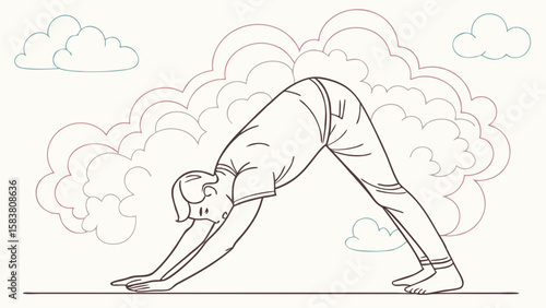 Illustration of a person in downward dog pose with clouds in the background in a line drawing style