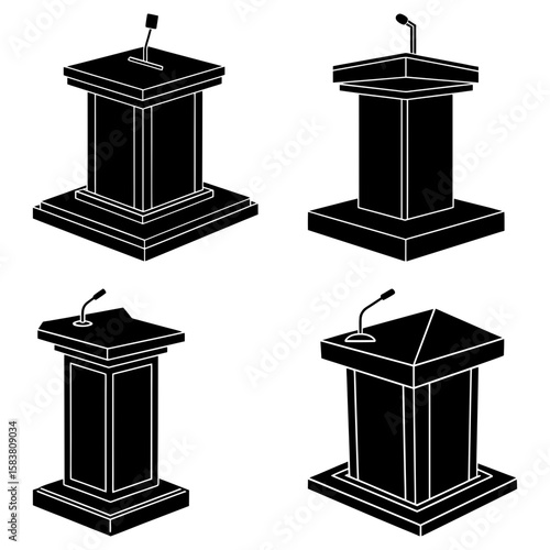 Four podiums with microphones in black and white for speeches and presentations on a white background