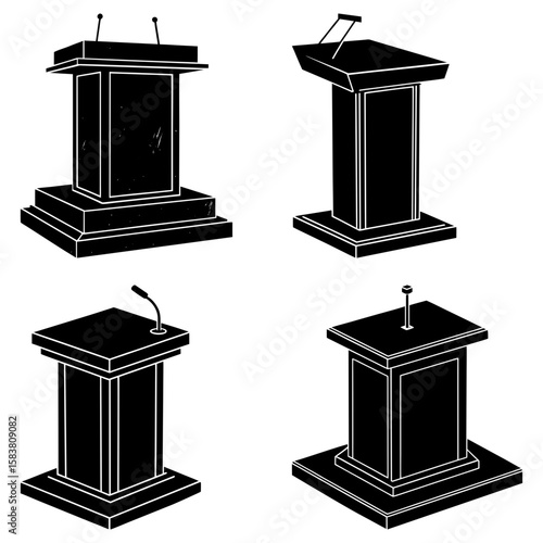 Four black and white podiums with varying designs and microphone setups are displayed in a grid pattern