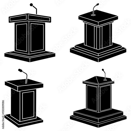 Four black podiums with microphones in a symmetrical arrangement on a white background in vector format