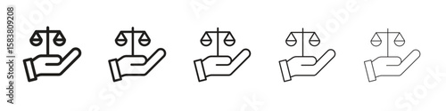Justice scales in Hand icon with editable stroke eps 10 vector illustration. Outline drawing.