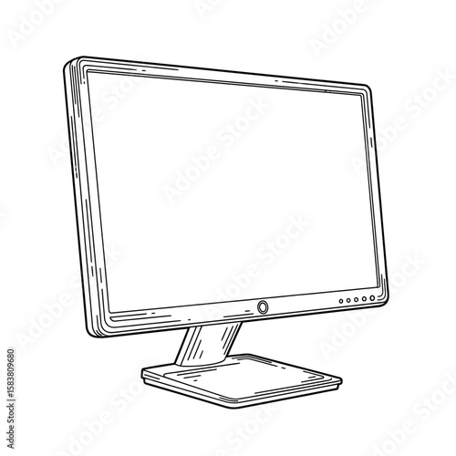 A detailed line drawing of a computer monitor with a blank screen, shown at an angle.