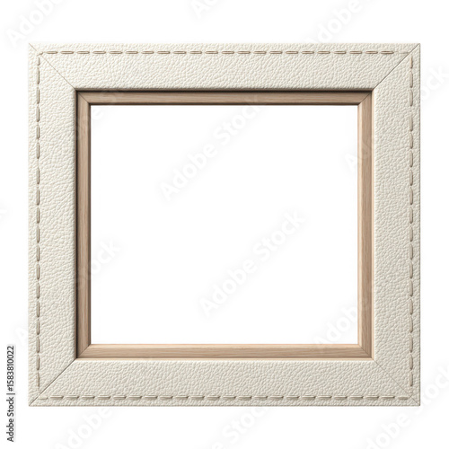 Off white leather frame with wood inner border isolated on transparent background